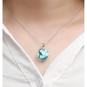 Silver Chain Blue Resin Cloud Tear Drop Pendant Necklace. Glow in the Dark.